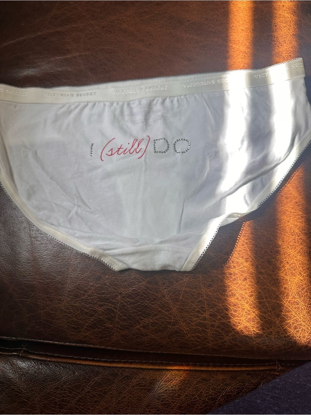 Victoria's Secret White Bikini Briefs with 'I still DO' Rhinestone Accent